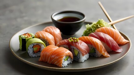 Assorted Sushi with Salmon, Avocado, and Rolls Served with Soy Sauce