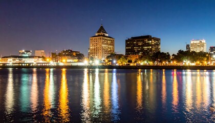 Fototapeta premium Cityscape at Night with Reflections of Colorful Lights in Water