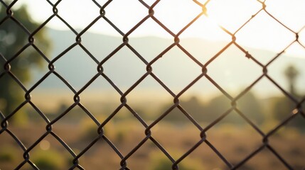 Fototapeta premium Golden hour light filters through a chain link fence, creating a hazy, idyllic background scene.