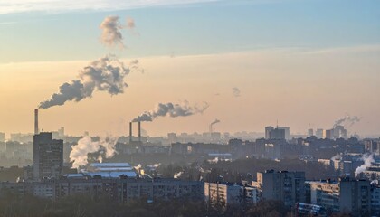 Obraz premium Cityscape at Sunset with Smoke Rising from Urban Buildings and Vents
