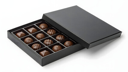 Elegant black flat chocolate box mockup with assorted luxury truffles in minimalist packaging on white background, top view presentation