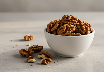 Obraz premium A white bowl filled to the brim with shelled walnuts, perfect for a healthy snack.