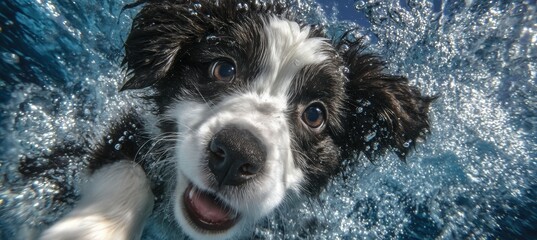Joyful border collie swimming underwater in crystal clear blue