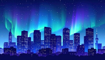 Cityscape with Aurora Borealis Dancing in Night Sky Over City