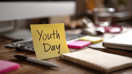 Sticky note with handwritten Youth Day reminder on office desk with computer, stationery and notebook highlighting International Youth Day and youth empowerment in professional setting