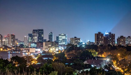 Obraz premium Cityscape Illuminated by Harsh Light of Searchlight Over Buildings