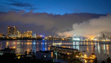 Fototapeta premium Cityscape with City Lights Reflecting Off Low Clouds at Dusk
