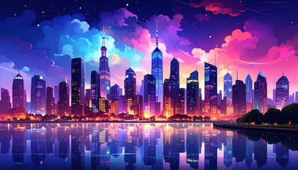 Vibrant Cityscape with Lights Reflecting on Clouds and Water Surface