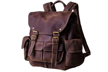 Brown leather backpack with pockets, brass buckles, cut out transparent