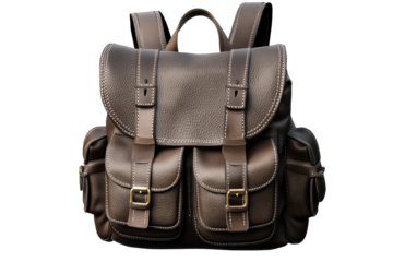 Leather Brown Backpack with Straps, Pockets, and Stitching, cut out transparent