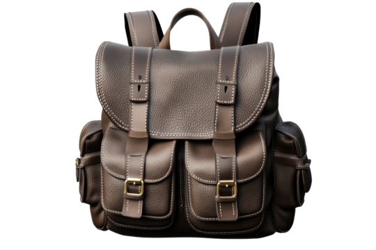 Leather Brown Backpack with Straps, Pockets, and Stitching, cut out transparent