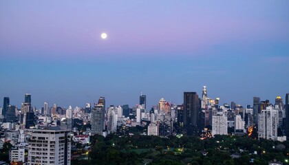 Fototapeta premium Serene Cityscape Bathed in Soft Moonlight Over Skyline at Dusk