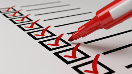 Checklist completed red marker checkmarks task management business concept
