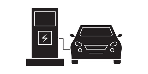 Electric vehicle with plug icons. Electric vehicle charging point icons. EV car, green hybrid vehicle charging station symbol. charging station icon vector .  