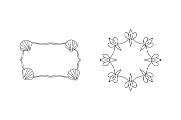 Elegant black and white hand drawn border elements with shells and floral arrangement