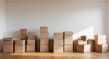 Fototapeta premium Cardboard Boxes in an Empty Room, Packing and Moving, Preparation for Relocation.