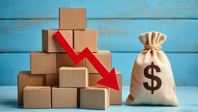 Cardboard boxes with a red arrow and a dollar sack on blue wood.