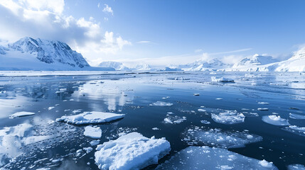 Antarctic landscape featuring ice floes on water with snow covered mountains under a bright blue sky