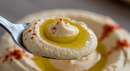 Spoonful of Creamy Hummus with Olive Oil Drizzle