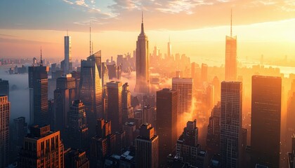 Naklejka premium Majestic Rooftop View of City Skyline at Dawn with Soft Golden Light