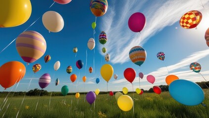 The flight of bright balloons under the blue sky is a cheerful and joyful image that evokes a sense of celebration and carelessness.
