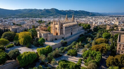 Obraz premium Cityscape view of cathedral and gardens