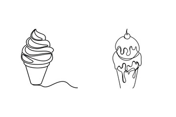 Minimalist continuous line drawings of two delicious ice cream cones on white background