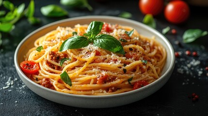Delicious spaghetti dish with tomato sauce, meat, and cheese