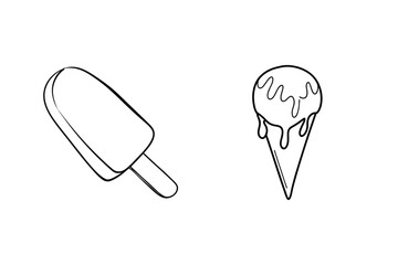 Black and white outline illustration of ice cream cone and popsicle on white background