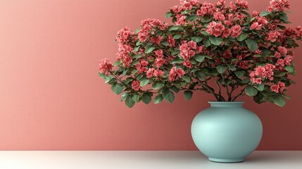 Large light blue vase showcasing a full arrangement of pink flowers and green leaves against a soft coral-colored wall, perfect for interior design inspiration, home decor product catalogs, floral-the