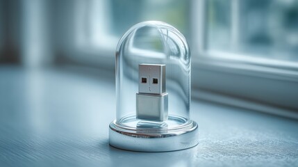 Fototapeta premium Silver USB flash drive securely encased under glass dome on white table near window symbolizing data insurance, cybersecurity, and digital backup protection services