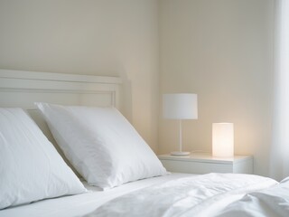 Serene White Bedroom Interior with Lamps, Pillows, and Cozy Bedding, Minimalism.