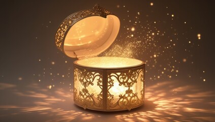 A magical box with sparkling golden sparkles inside, creating an atmosphere of magic and mystery. Ideal for themes related to mystery or fantasy
