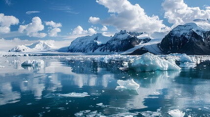 Fototapeta premium A scenic view of icebergs floating on water with snow covered mountains and cloudy sky in antarctica