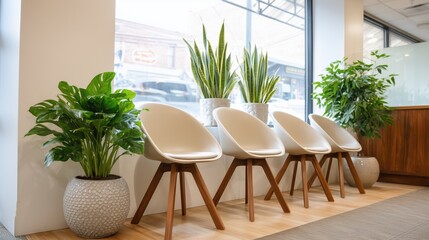 Obraz premium Modern insurance waiting room with white chairs and green plants near large window offering welcoming atmosphere for client consultation and policy discussions