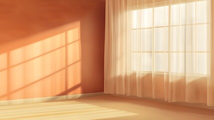 Obraz premium Empty room corner with sunlight and sheer curtains.
