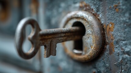Close-up of antique metal key inserted into rustic keyhole of weathered door, symbolizing security, secrets, and vintage access in storytelling or conceptual design