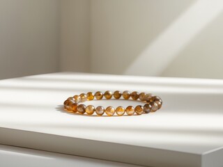 Elegant Amber Bracelet on a Modern White Surface, Bathed in Soft Sunlight, Jewelry.