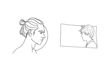 Minimalist illustration featuring two profile views of men with distinct hairstyles in monochrome style