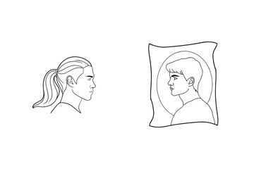 Artistic line drawing depicting a man with ponytail and a portrait of a young man