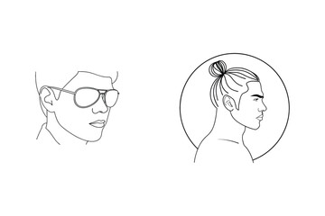 Minimalist line art portrait illustrations of two stylish men with aviator sunglasses and man bun