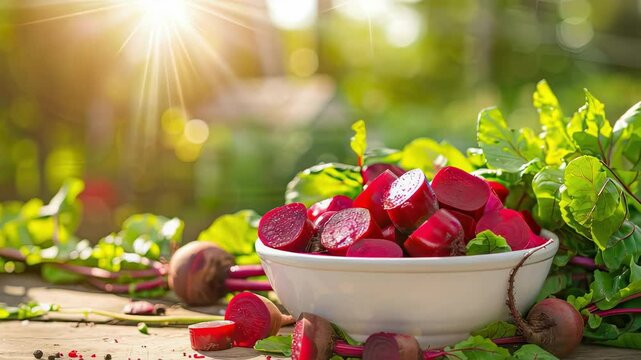 beets in a bowl in a white bowl on a wooden table. Selective focus