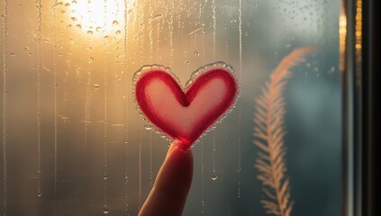 Red glass heart on a wet glass surface under warm sunlight - a symbol of love, warmth and romance
