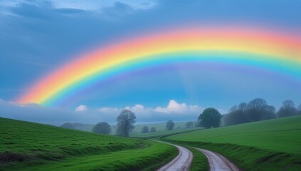 Colorful rainbows in the sky above a picturesque landscape - an image of calm, harmony and natural magic
