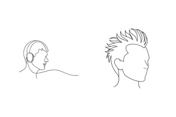 Minimalist line art illustration of two men silhouetted heads featuring headphones and spiked hair
