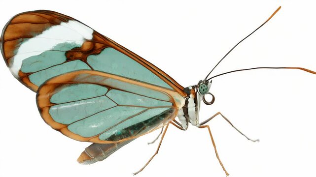 Detailed view of a Greta oto butterfly with transparent wings, showing the turquoise and tan wing patterns against a plain background.