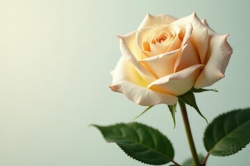 A single, delicate pale rose, softly illuminated, showcases its intricate petals and lush green foliage against a serene background.