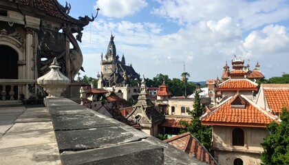 Fantasy Rooftop View of Magical City with Unique Structures and Creatures