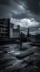 Obraz premium Dark Rooftop Scene in Nightmare State with Oppressive Atmosphere