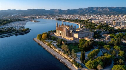Cityscape with cathedral and harbor